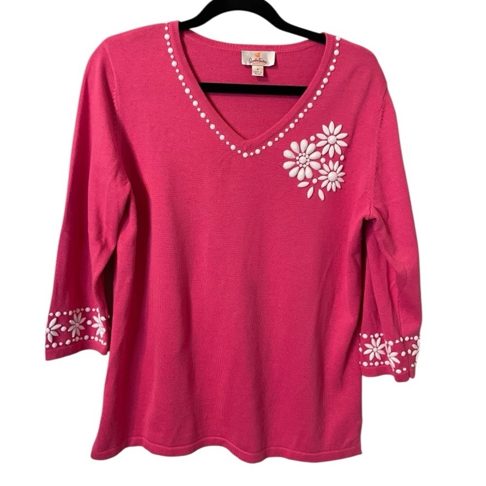 Quacker factory Beaded Pink Spring Summer Top Sz S Floral
